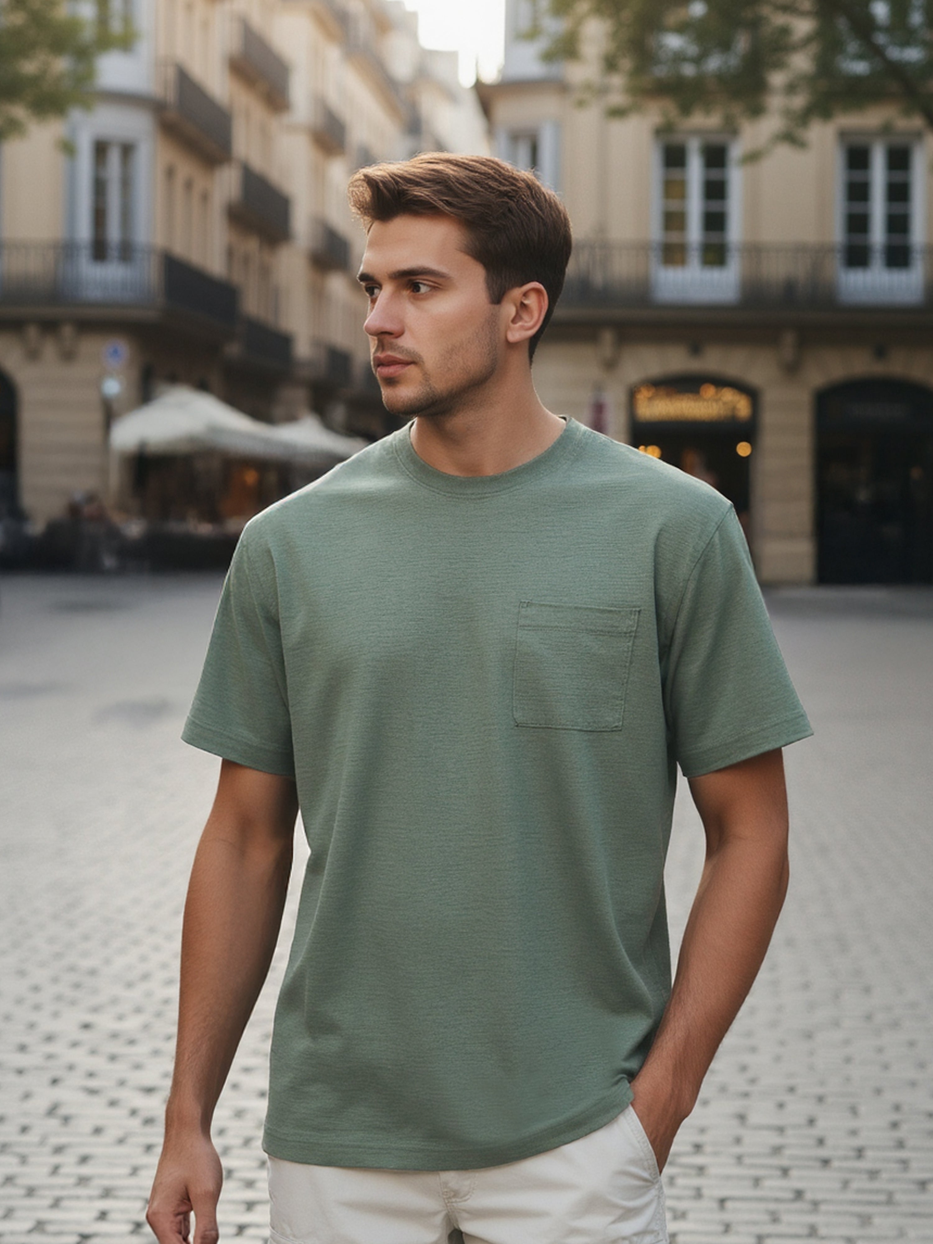 Celio Men Olive Solid Boxy Fit Cotton-Blend T-Shirts