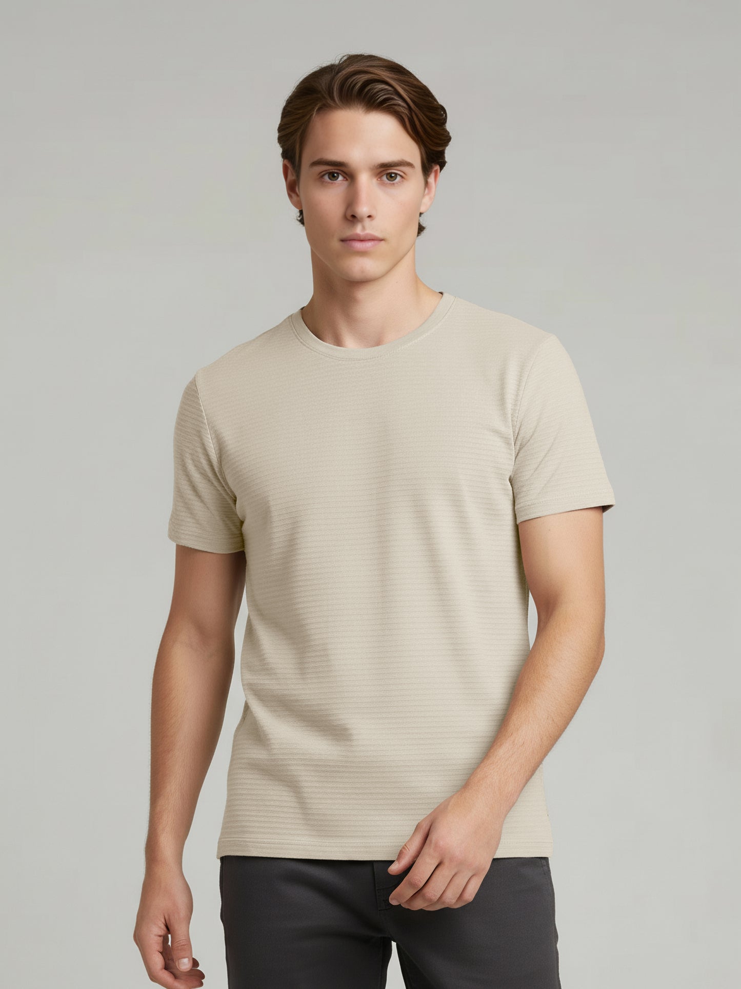 Celio* Men Beige Solid Straight Fit Cotton T-Shirts