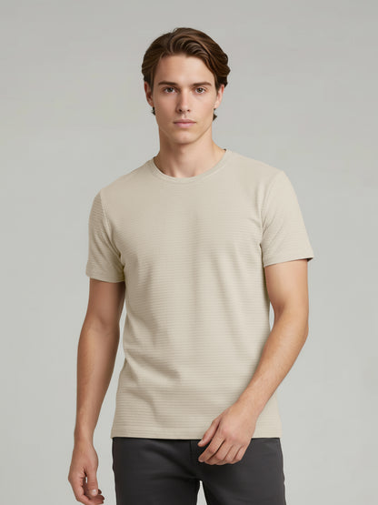 Celio* Men Beige Solid Straight Fit Cotton T-Shirts