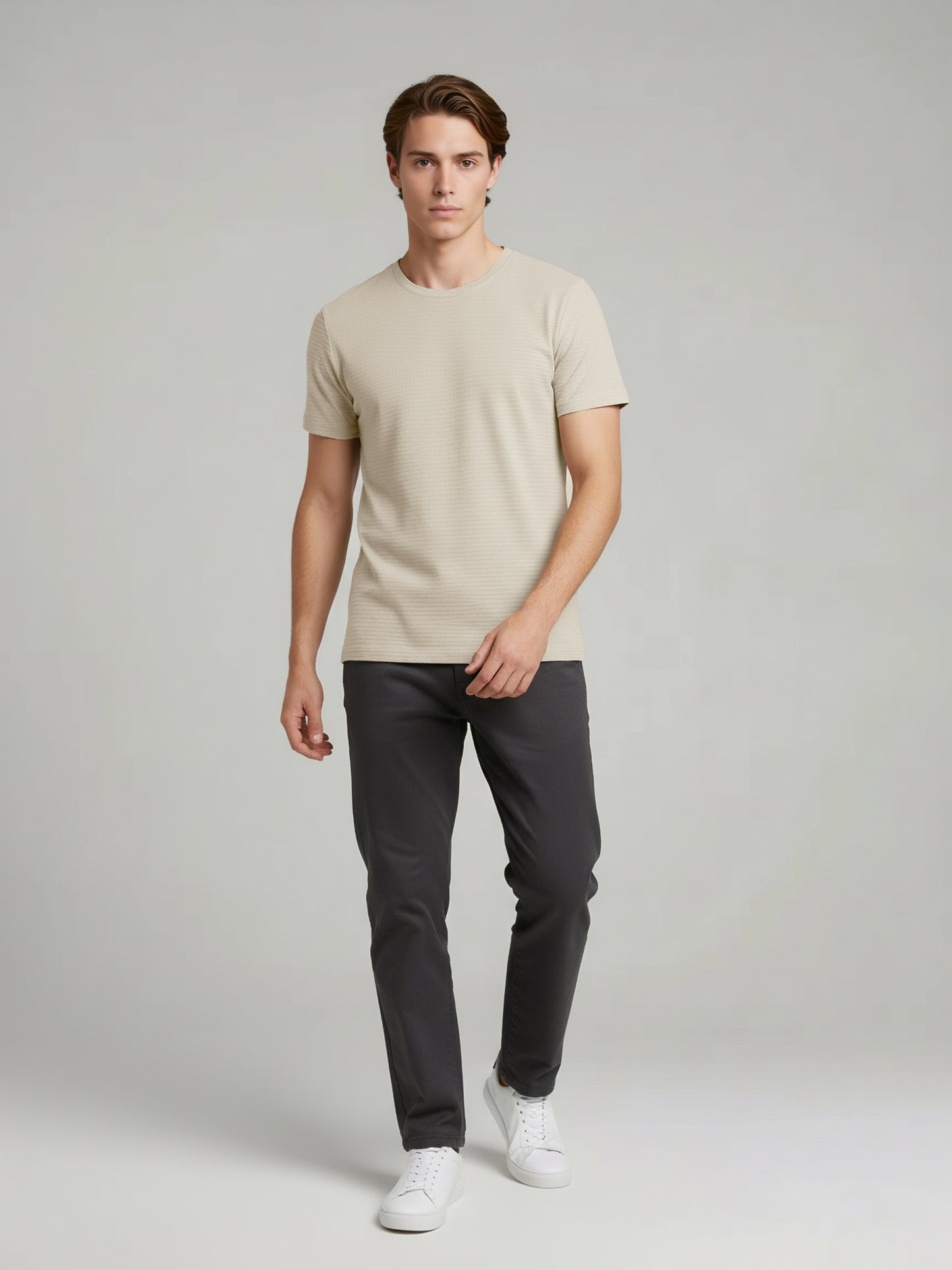 Celio* Men Beige Solid Straight Fit Cotton T-Shirts
