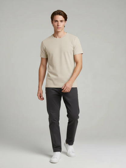 Celio* Men Beige Solid Straight Fit Cotton T-Shirts