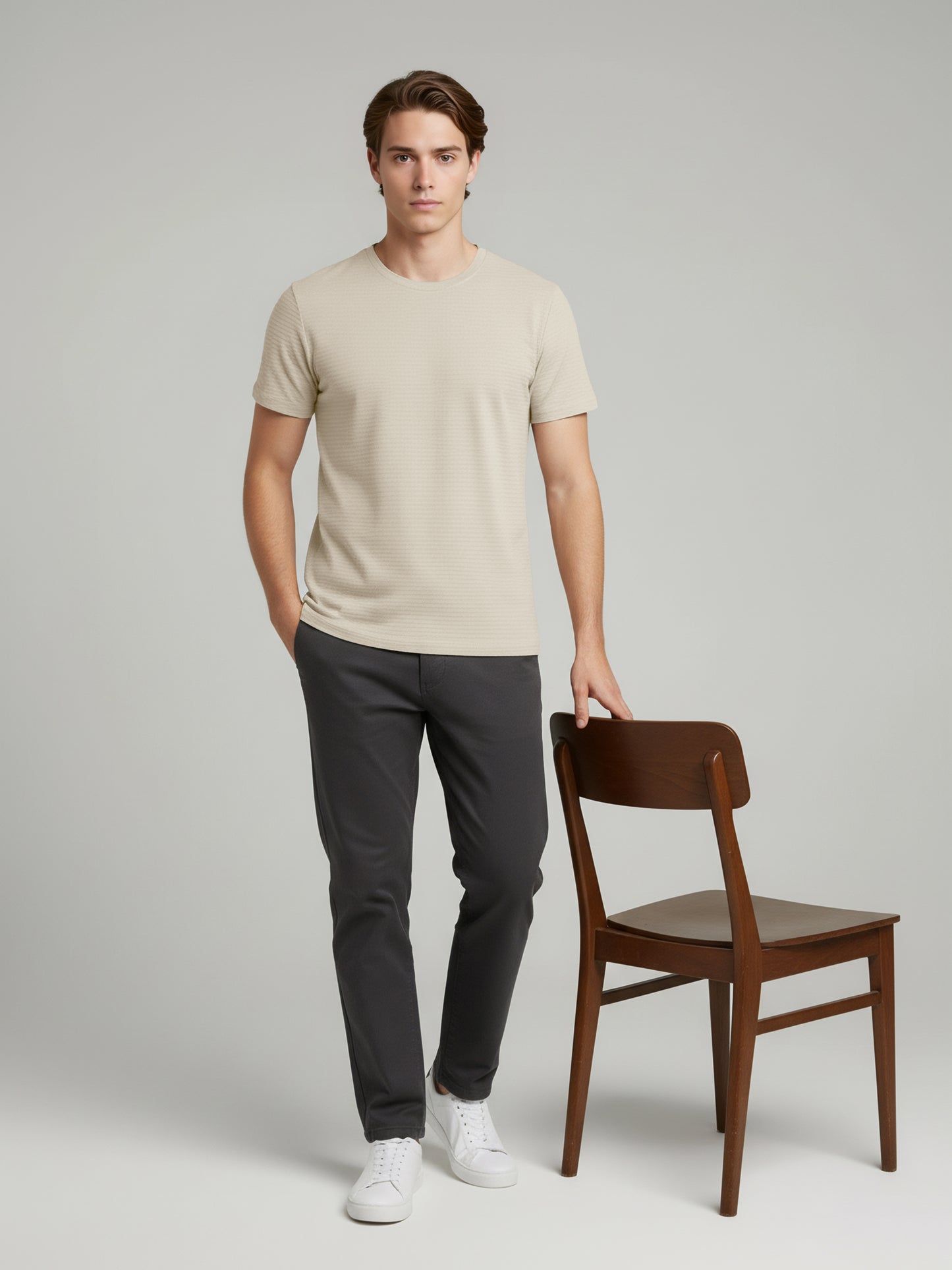 Celio* Men Beige Solid Straight Fit Cotton T-Shirts
