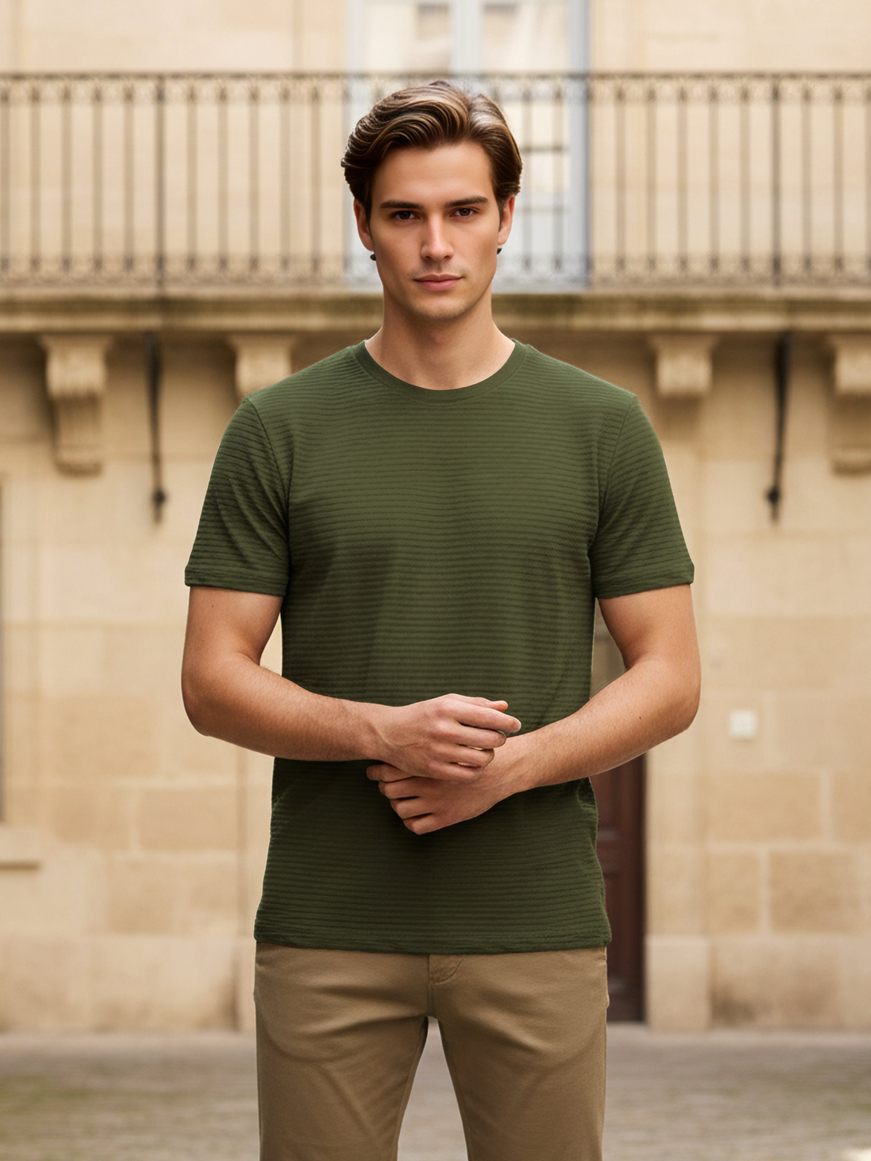 Celio Men Olive Solid Straight Fit Cotton T-Shirts