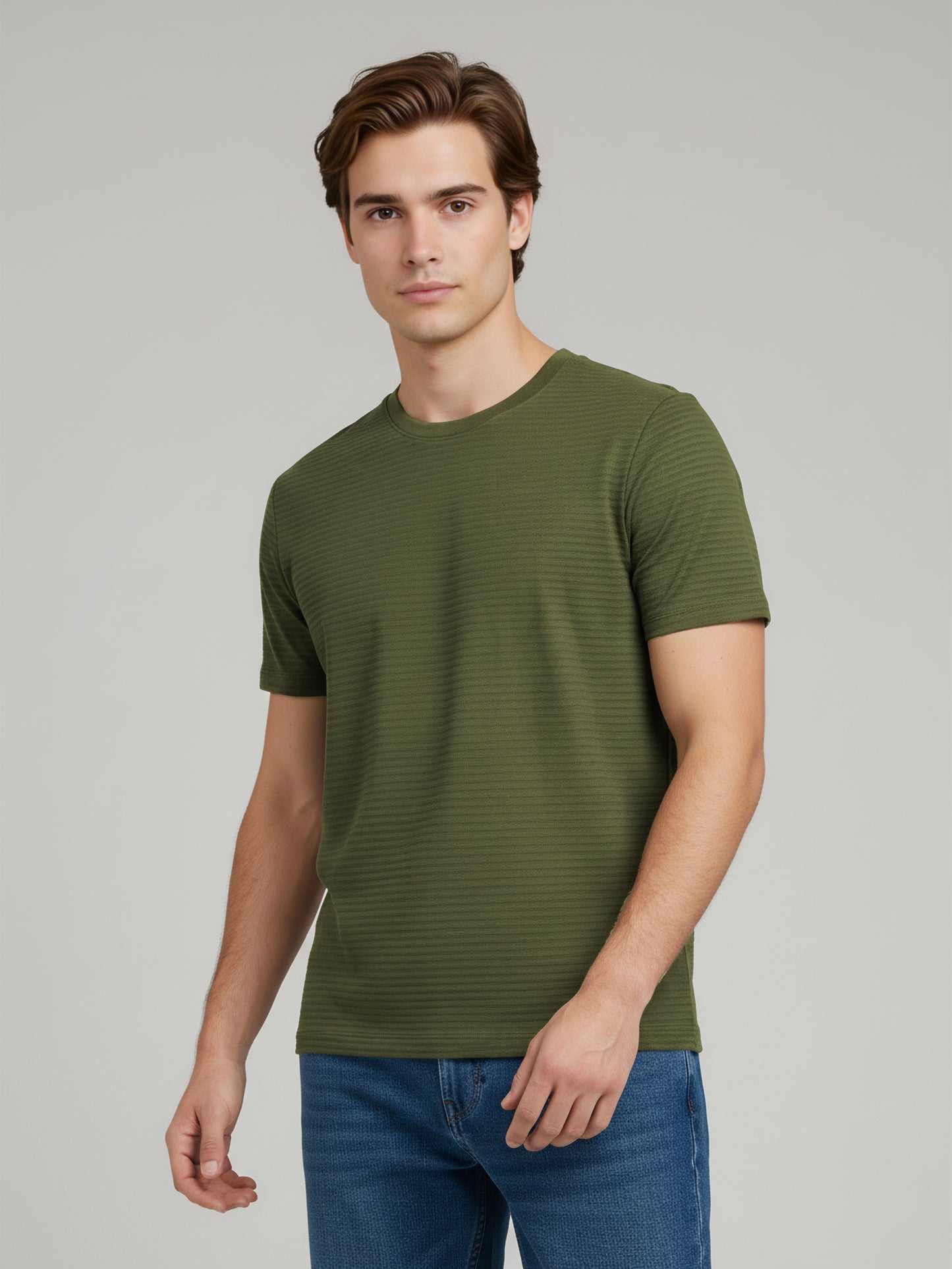 Celio Men Olive Solid Straight Fit Cotton T-Shirts