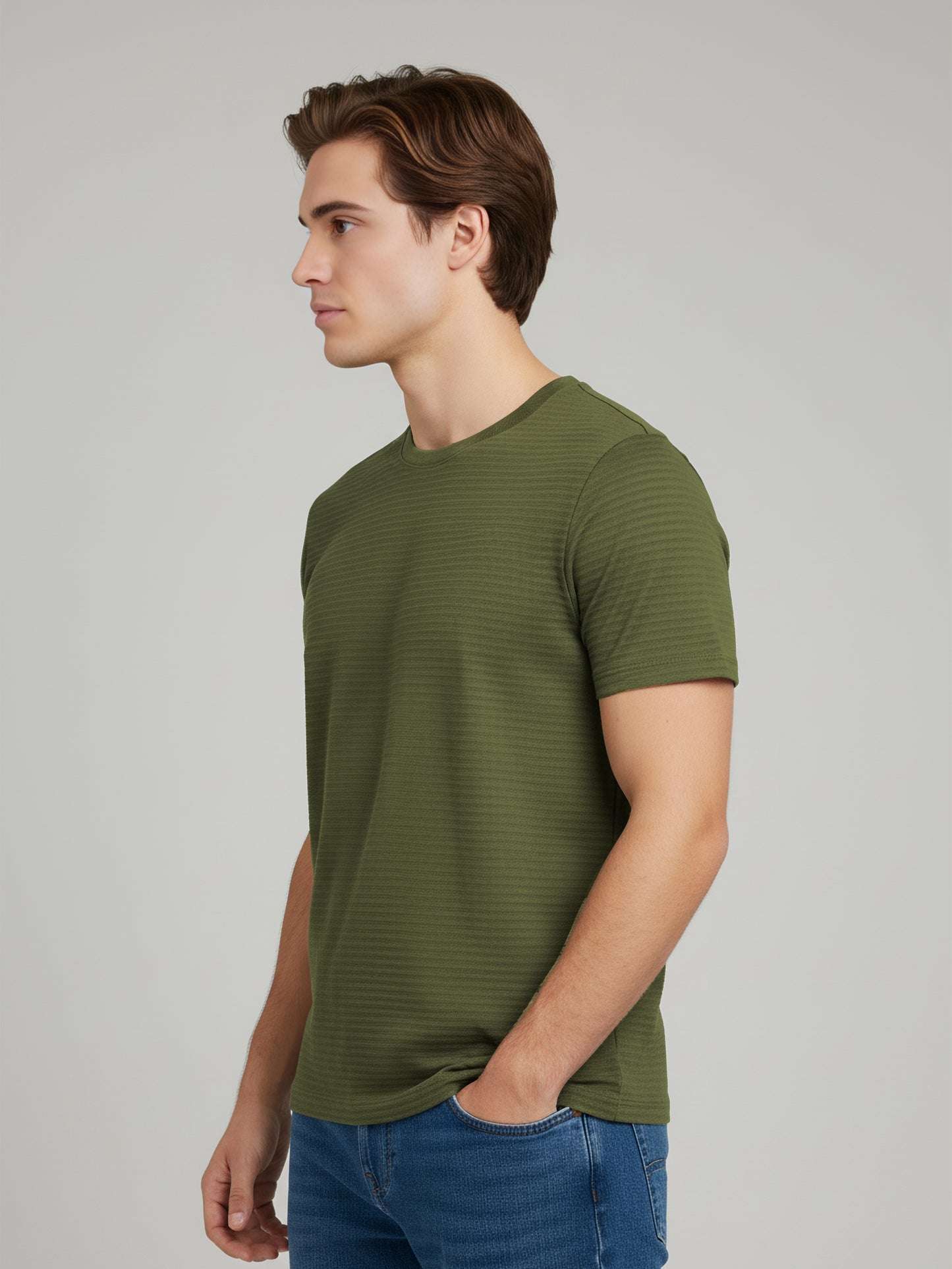 Celio Men Olive Solid Straight Fit Cotton T-Shirts
