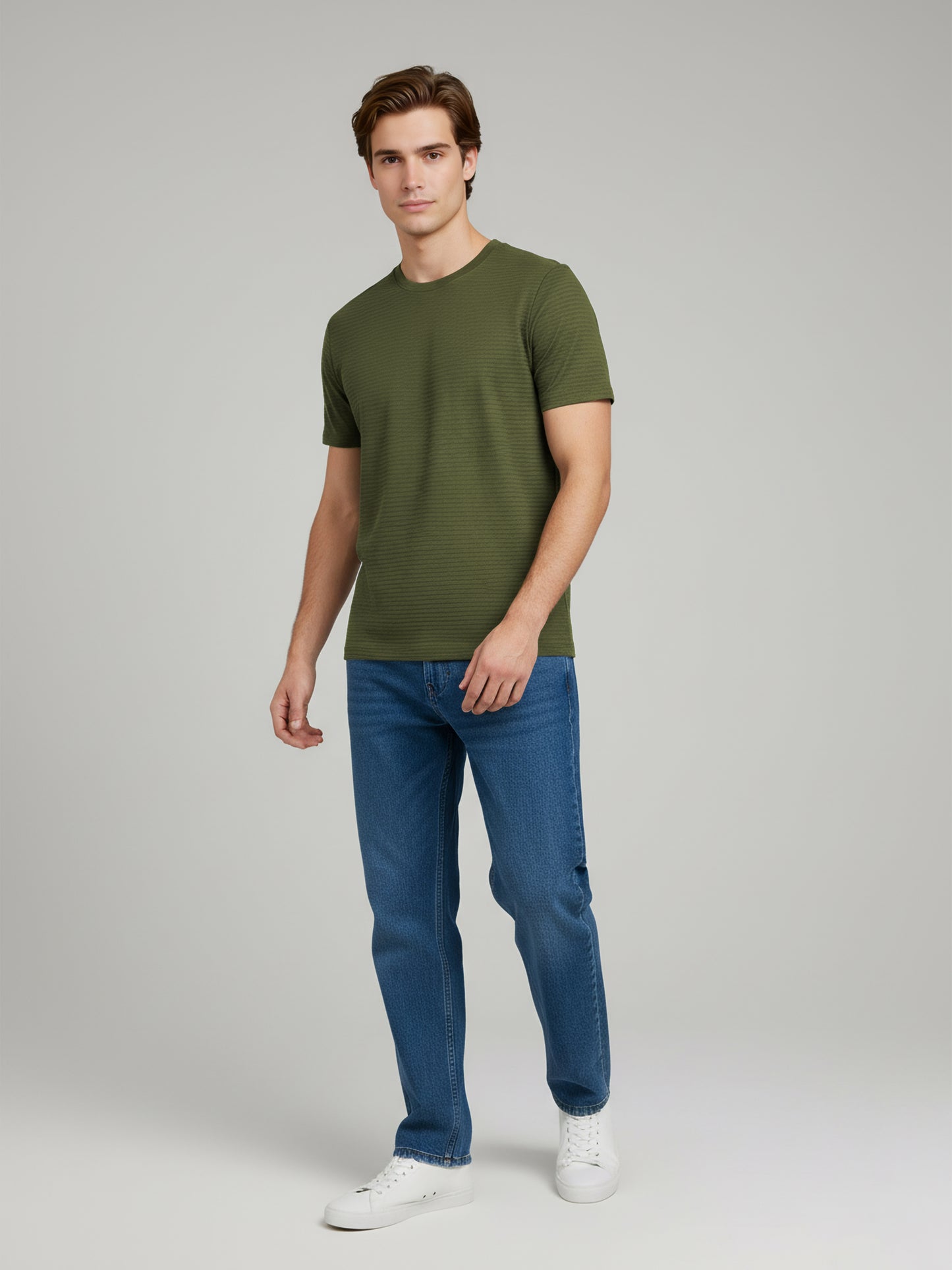 Celio Men Olive Solid Straight Fit Cotton T-Shirts