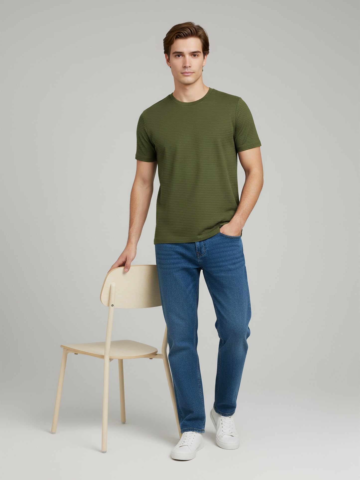 Celio Men Olive Solid Straight Fit Cotton T-Shirts