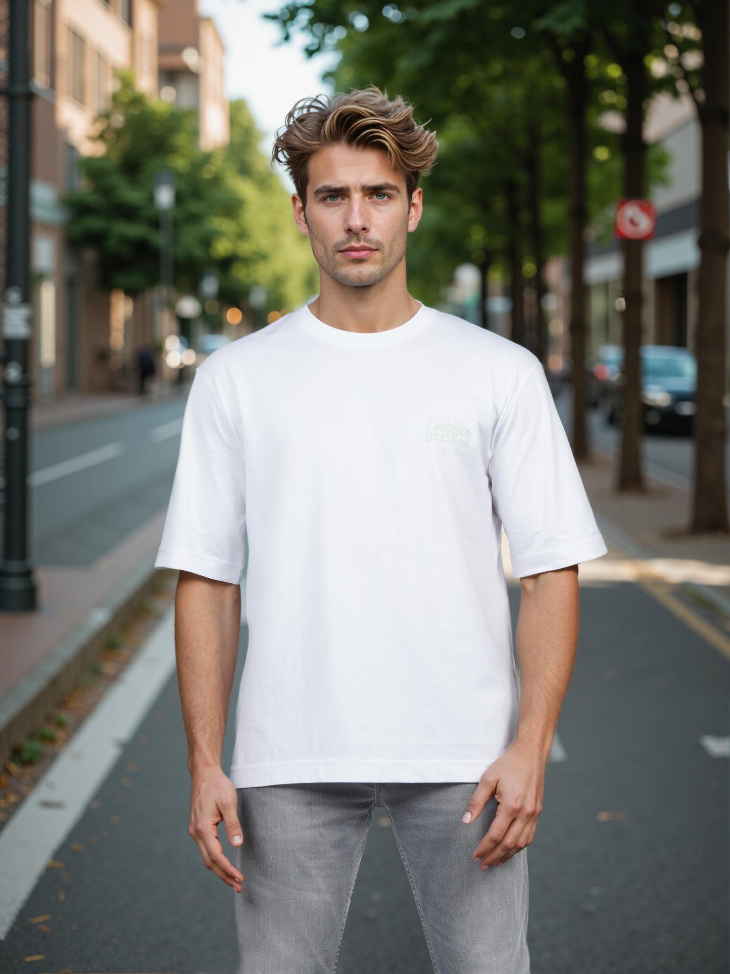 Celio* Men White Printed Oversized Cotton T-shirt