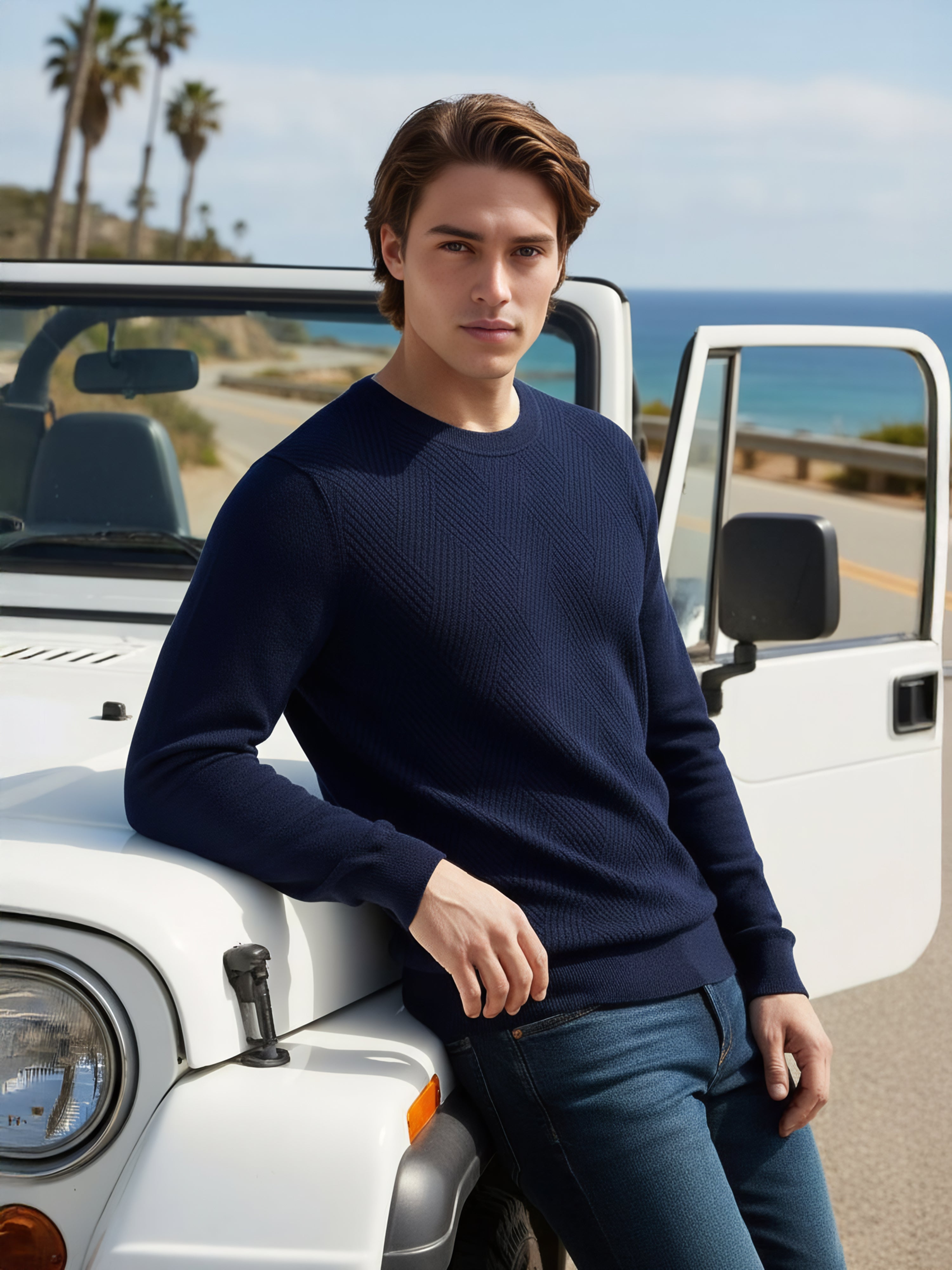 Celio Men Blue Solid Regular Fit Cotton Sweaters