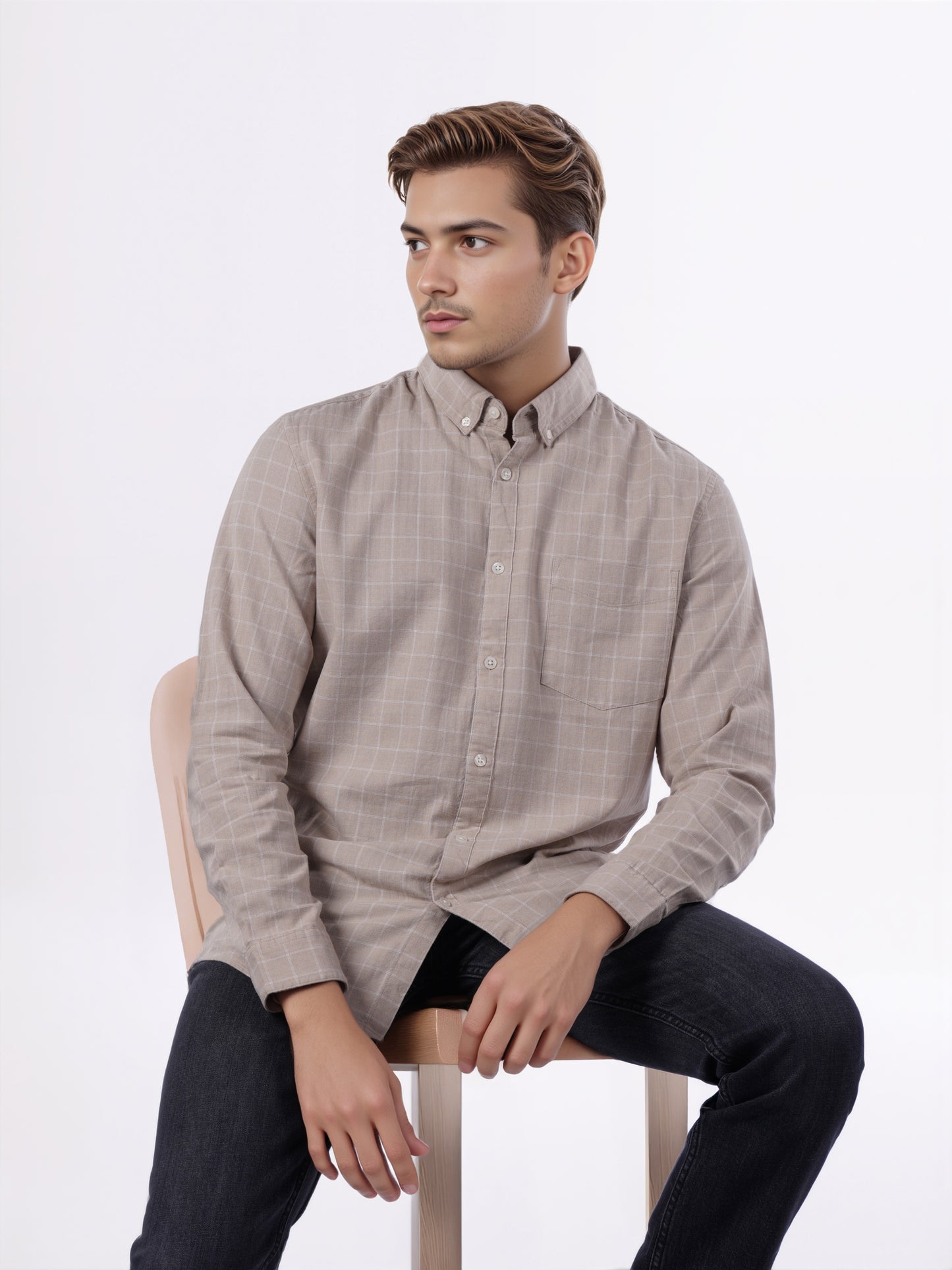 Celio* Men Beige Checked Regular Fit Cotton Shirts