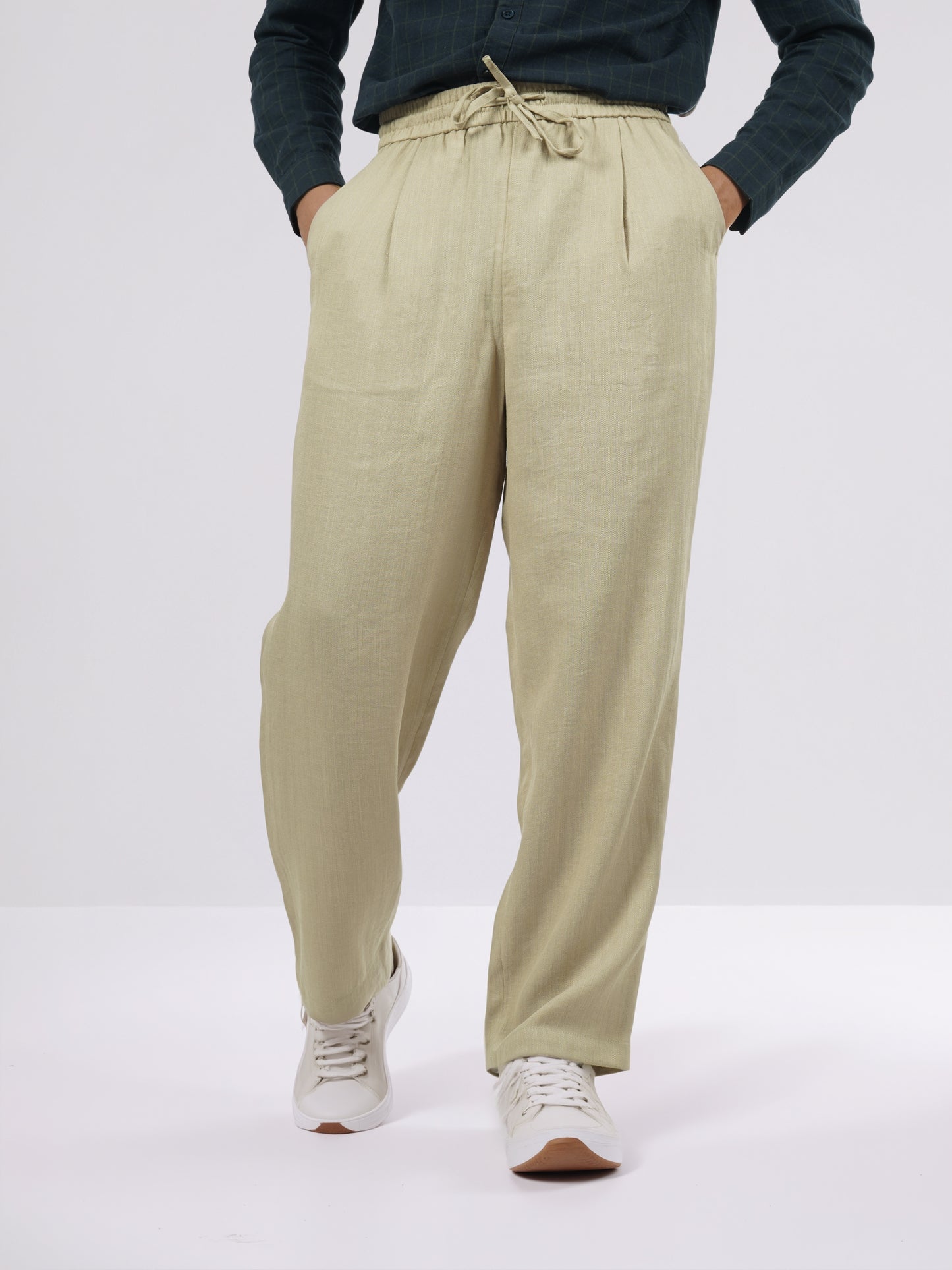 Celio* Men Beige Solid Loose Fit Viscose Trousers