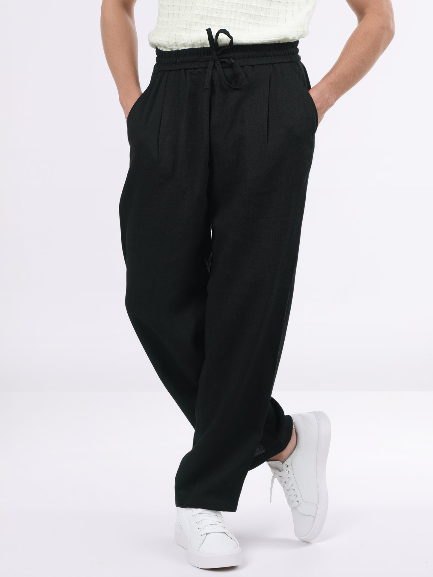 Celio* Men Black Solid Loose Fit Viscose Trousers