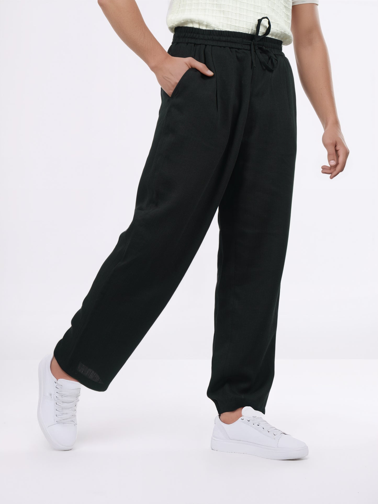 Celio* Men Black Solid Loose Fit Viscose Trousers