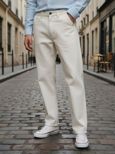 Celio* Men  White Solid Baggy Cotton Trousers