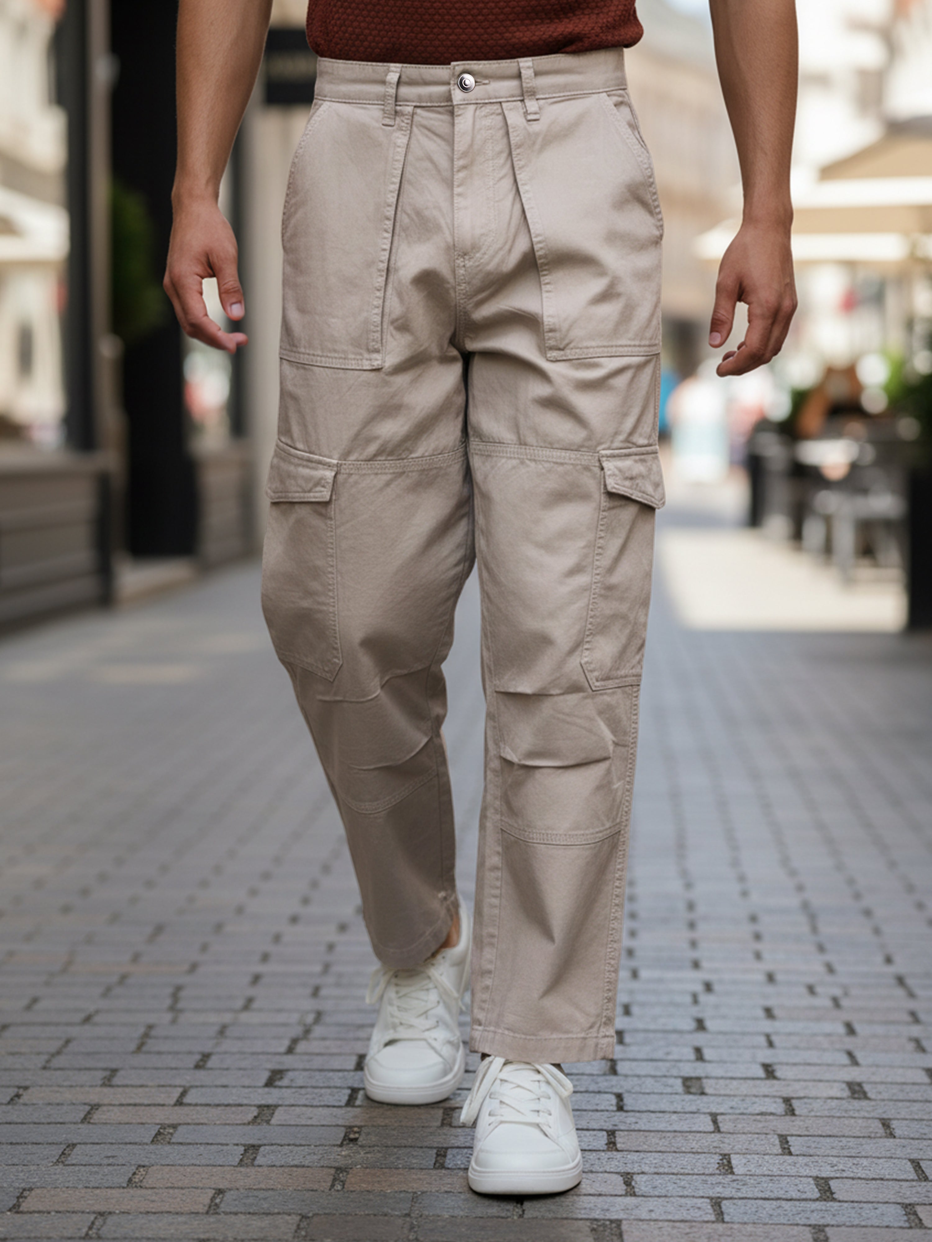 Celio Men Beige Solid Baggy Fit Cotton Trousers