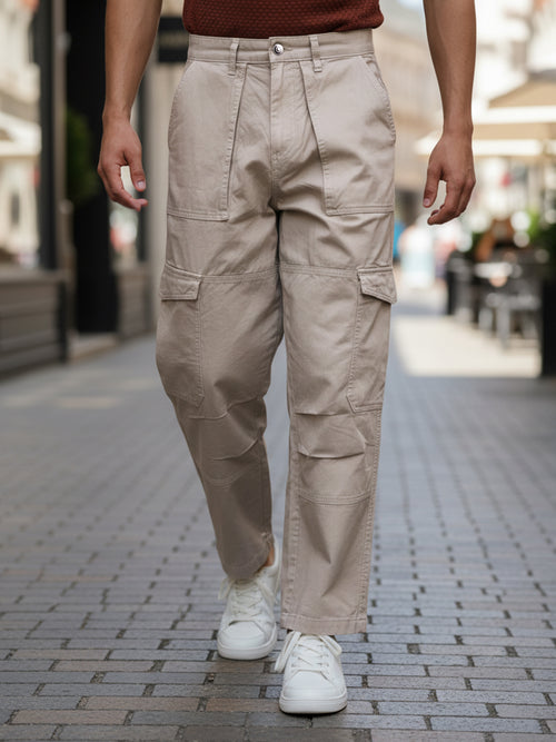 Celio Men Beige Solid Baggy Fit Cotton Trousers