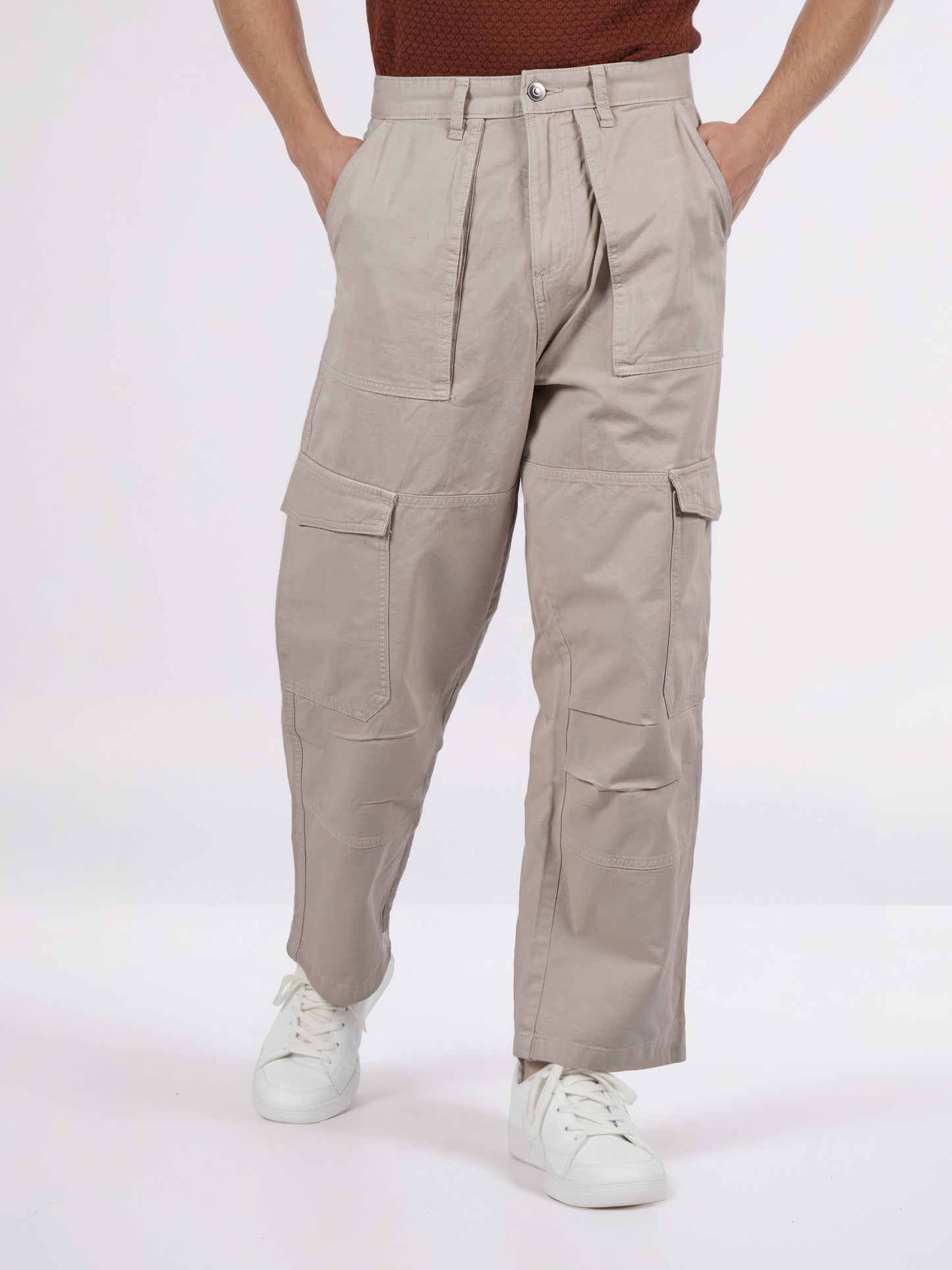 Celio* Men Beige Solid Baggy Fit Cotton Trousers