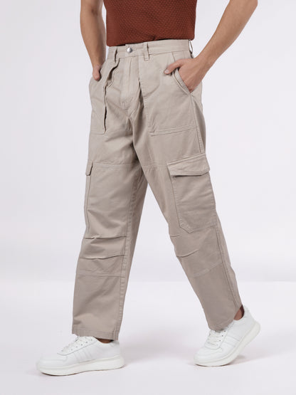 Celio* Men Beige Solid Baggy Fit Cotton Trousers