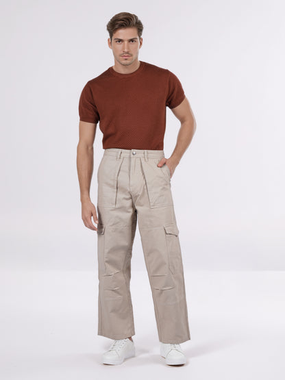 Celio* Men Beige Solid Baggy Fit Cotton Trousers
