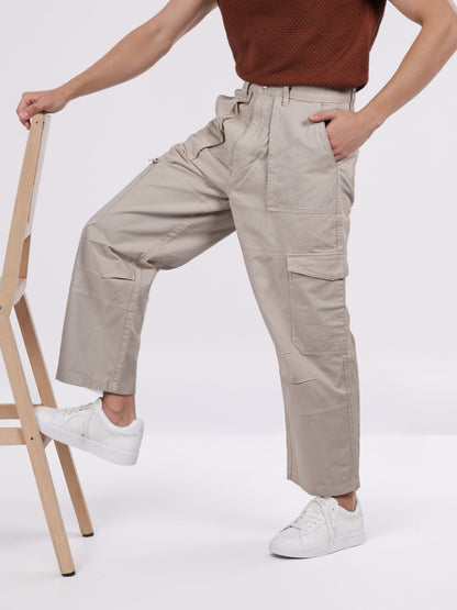 Celio* Men Beige Solid Baggy Fit Cotton Trousers