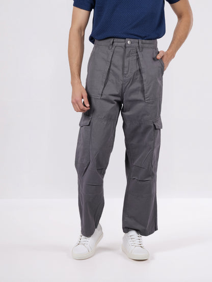 Celio* Men Grey Solid Baggy Fit Cotton Trousers