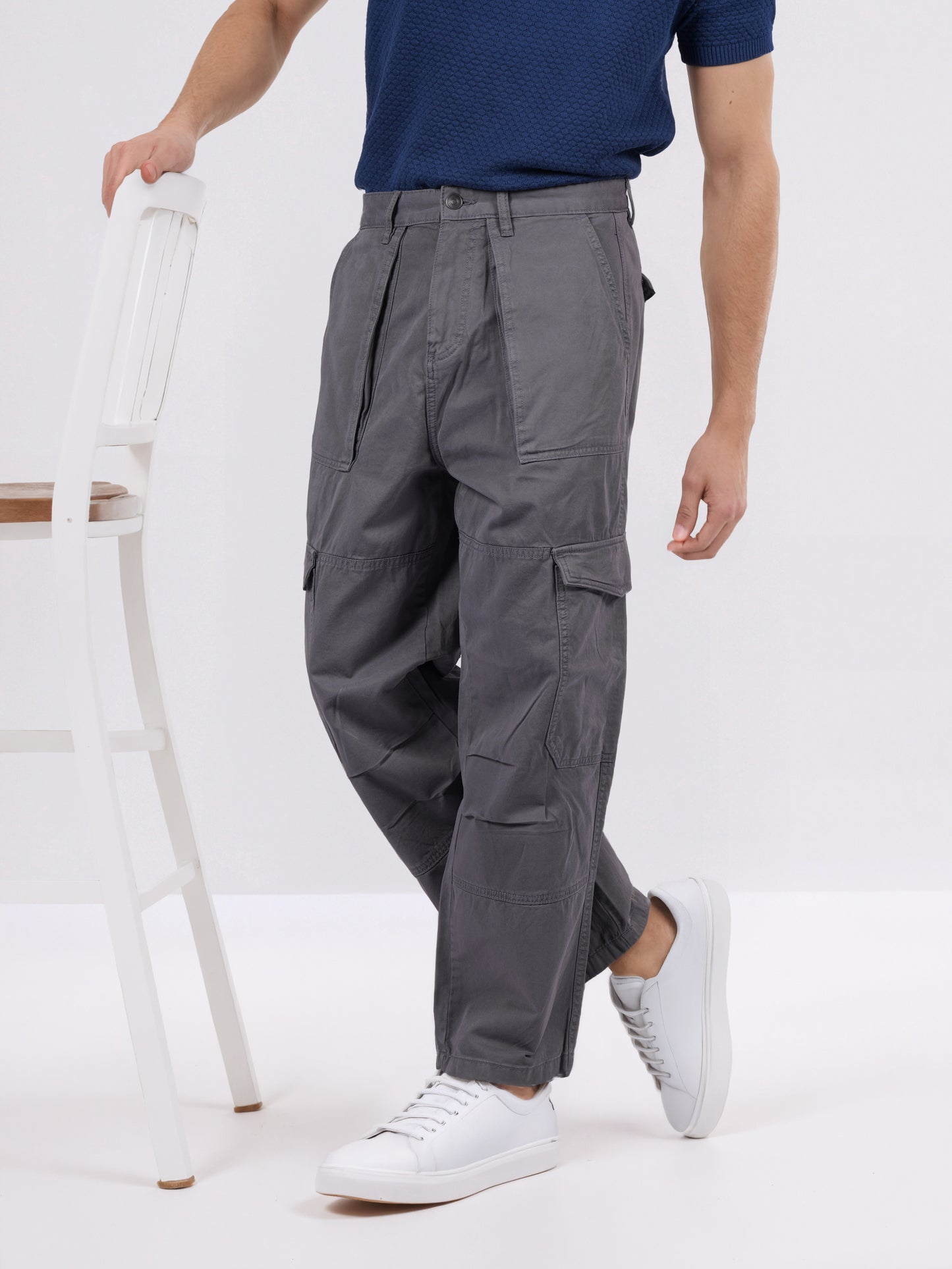 Celio* Men Grey Solid Baggy Fit Cotton Trousers