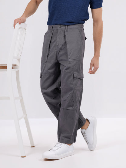 Celio* Men Grey Solid Baggy Fit Cotton Trousers