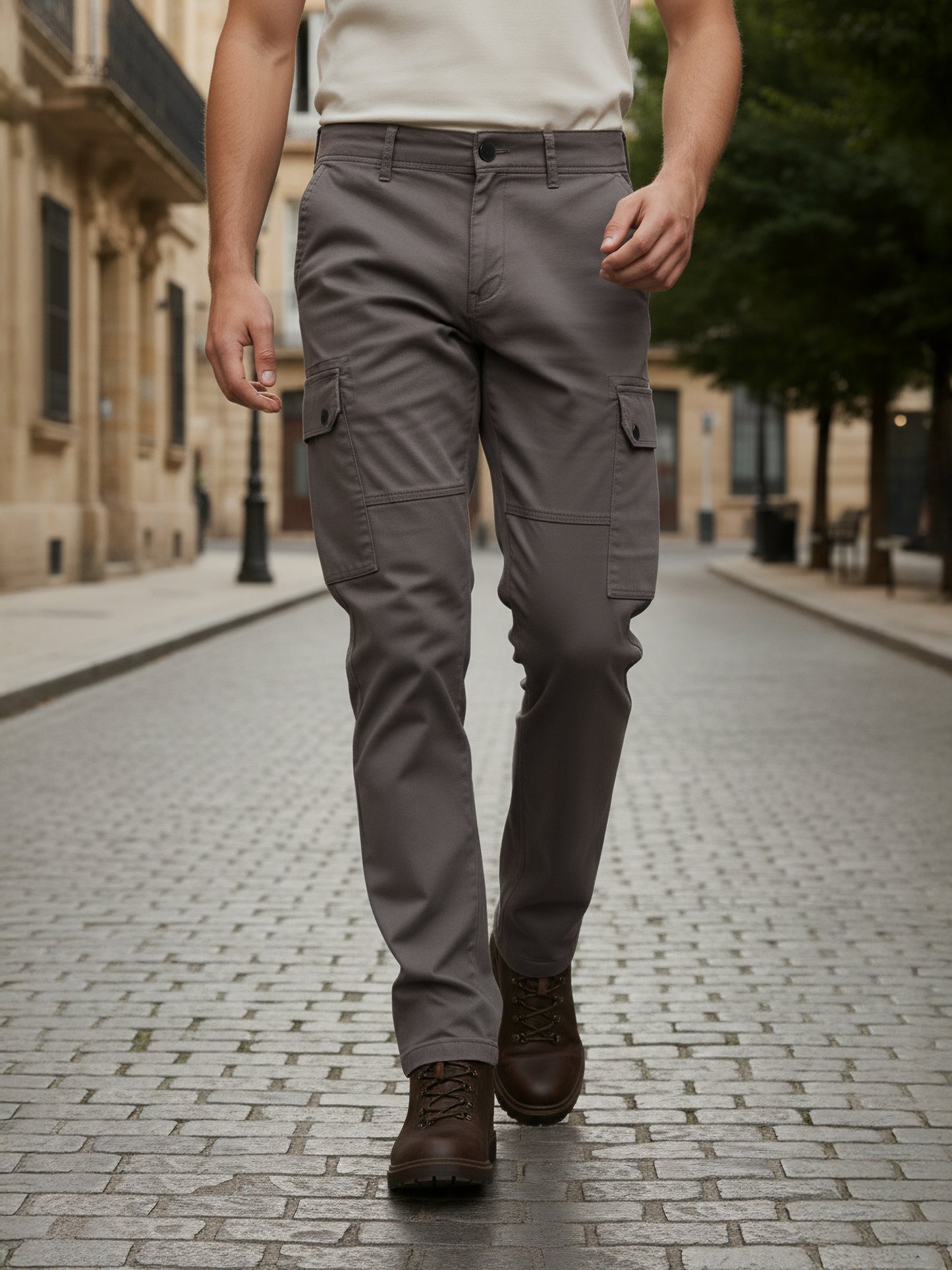 Celio* Men Taupe Solid Straight Fit Cotton Trousers