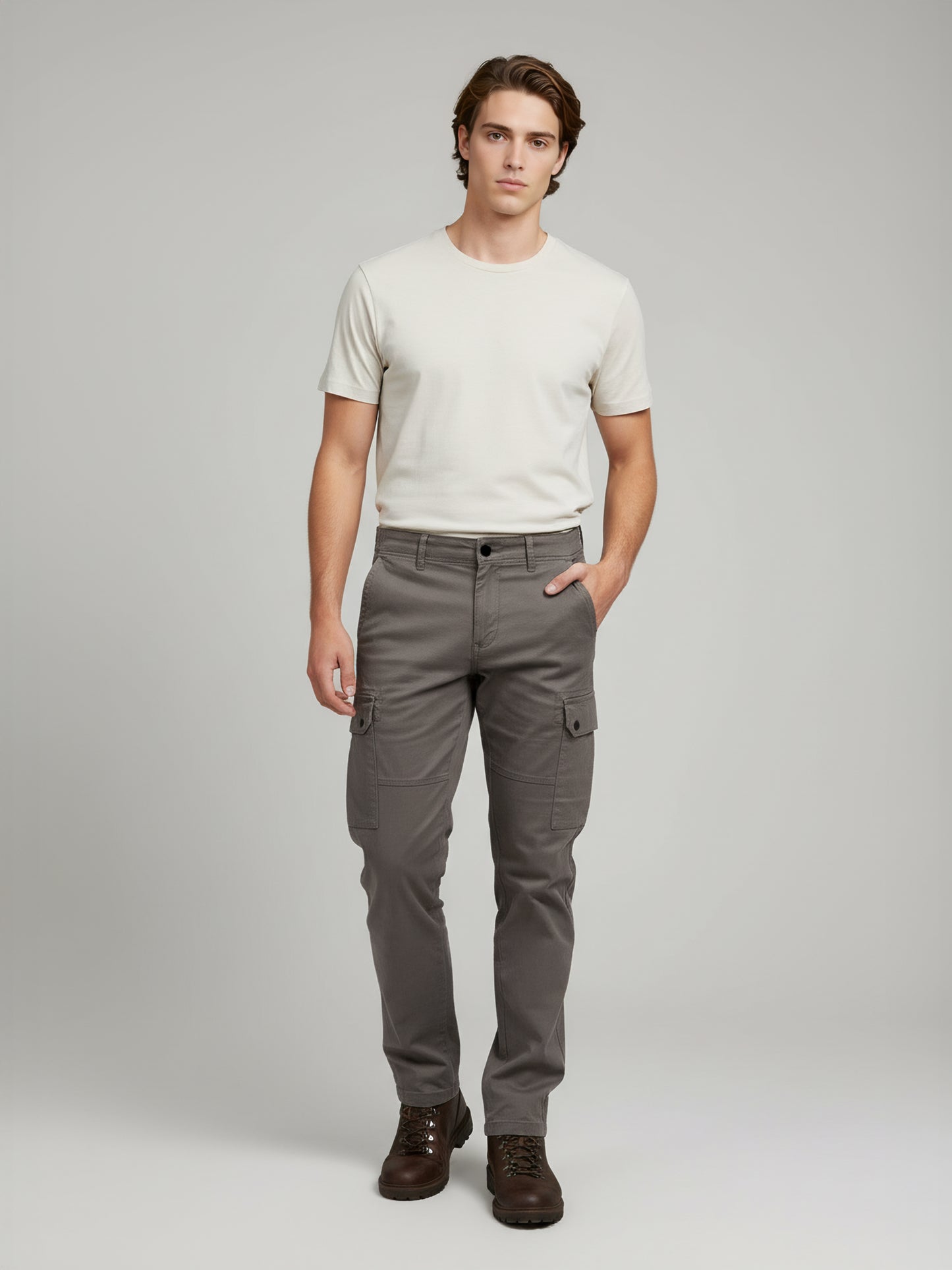 Celio* Men Taupe Solid Straight Fit Cotton Trousers
