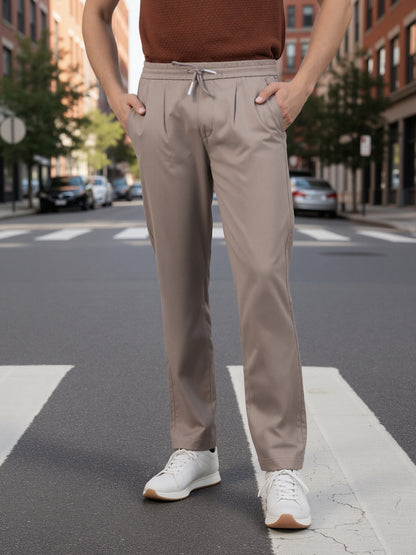 Celio Men Beige Solid Jogger Fit Cotton-Tencel-Blend Trousers