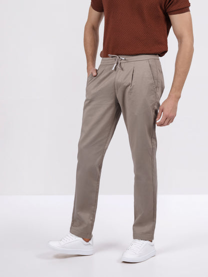 Celio Men Beige Solid Jogger Fit Cotton-Tencel-Blend Trousers
