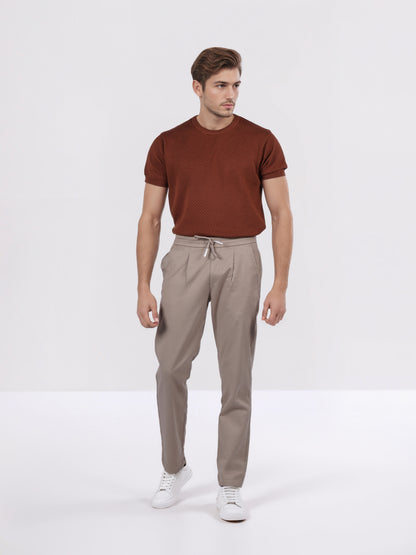 Celio Men Beige Solid Jogger Fit Cotton-Tencel-Blend Trousers