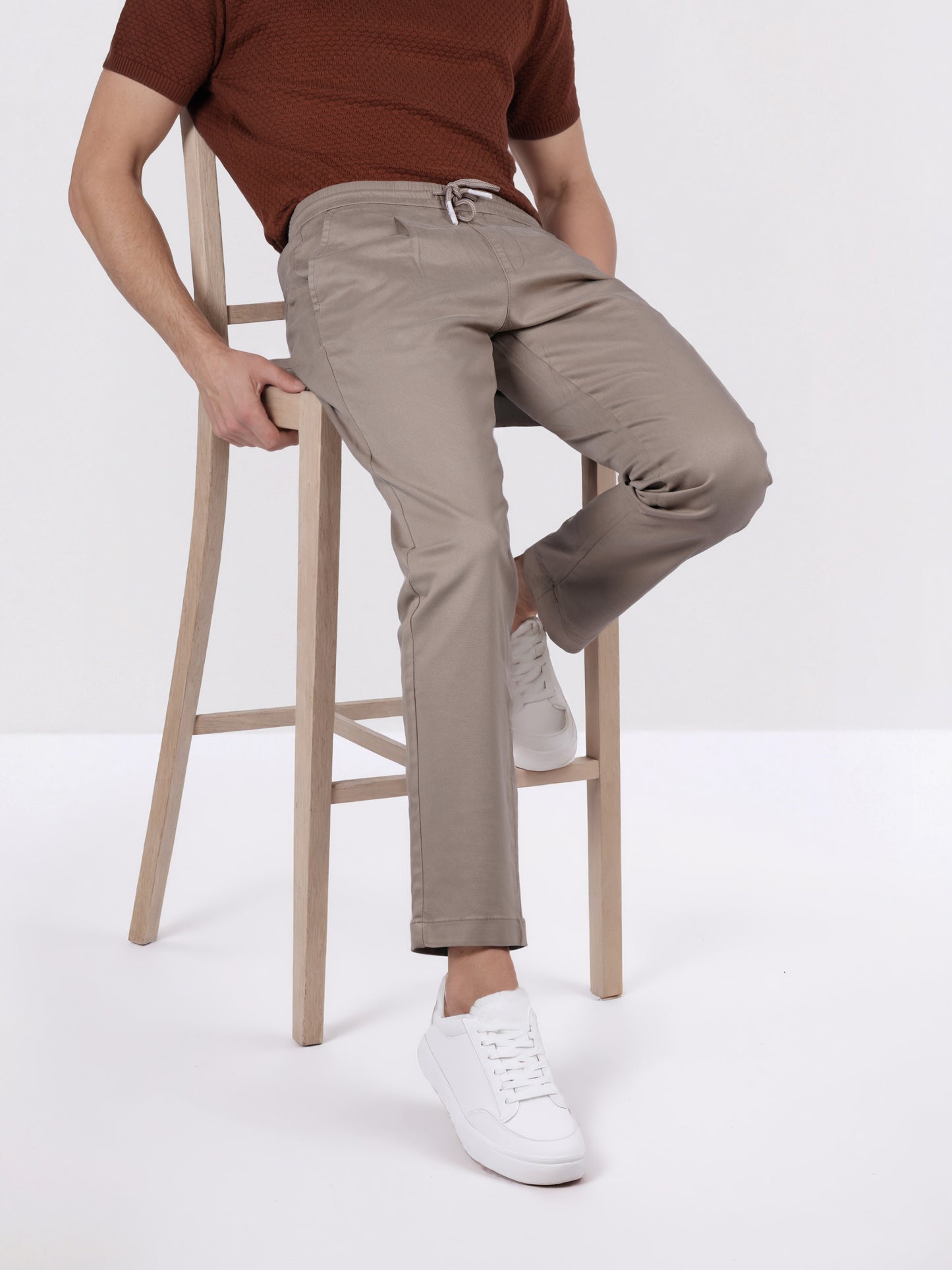 Celio Men Beige Solid Jogger Fit Cotton-Tencel-Blend Trousers