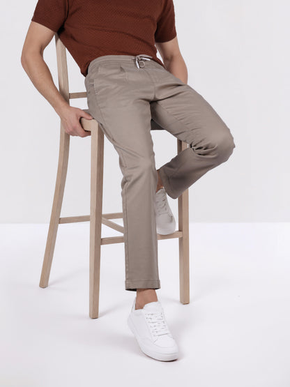 Celio Men Beige Solid Jogger Fit Cotton-Tencel-Blend Trousers