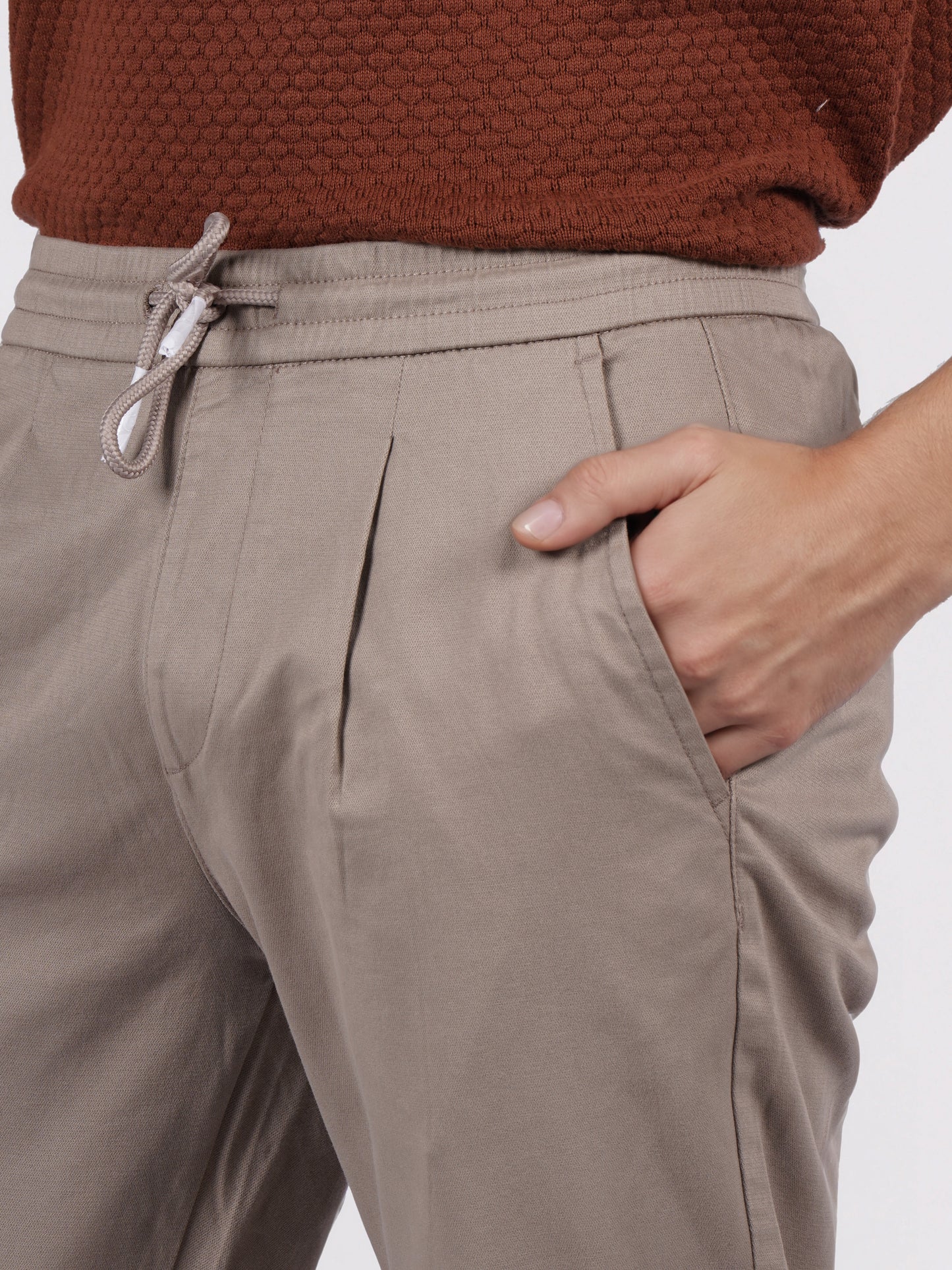 Celio Men Beige Solid Jogger Fit Cotton-Tencel-Blend Trousers