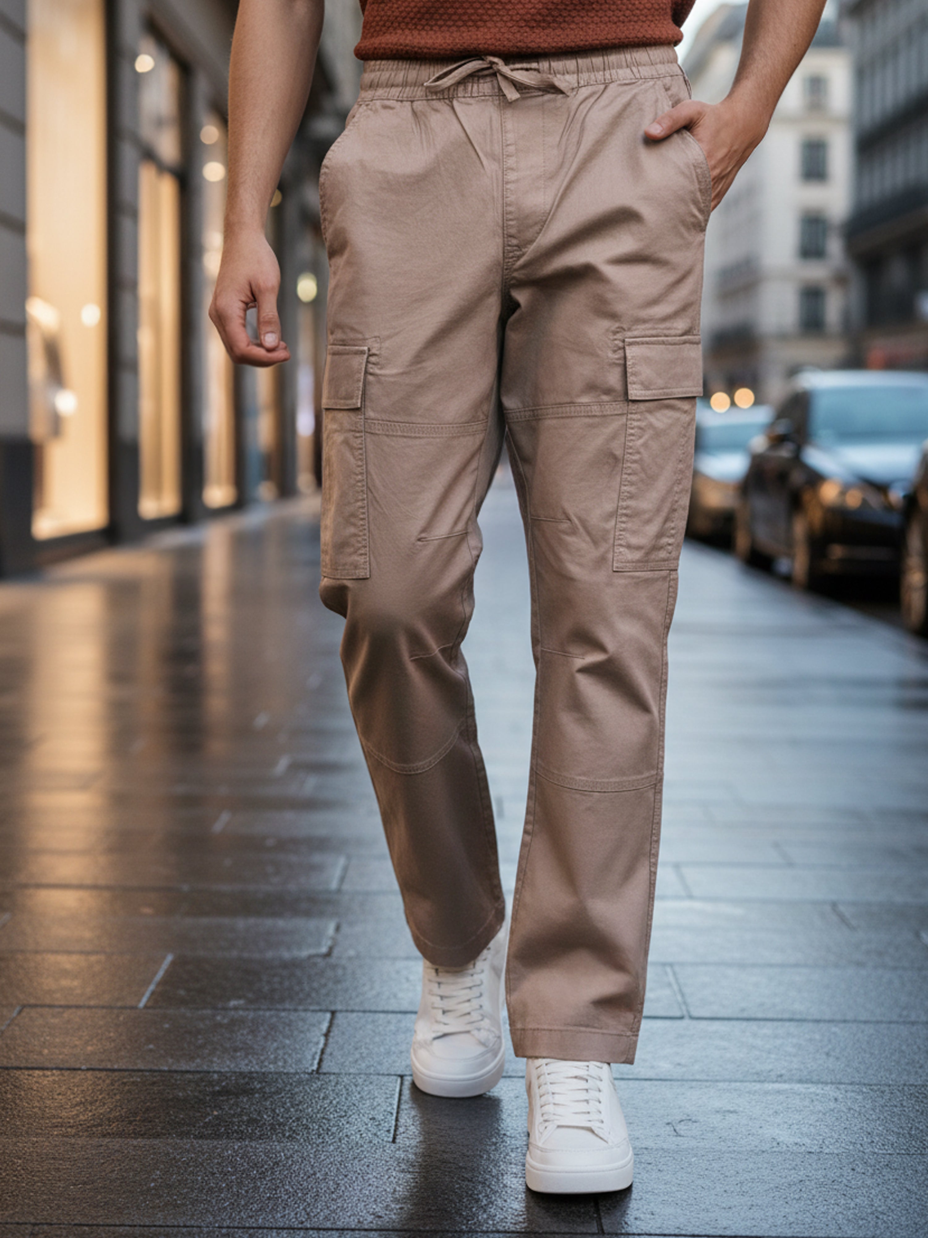 Celio Men Beige Solid Straight Fit Cotton Trousers