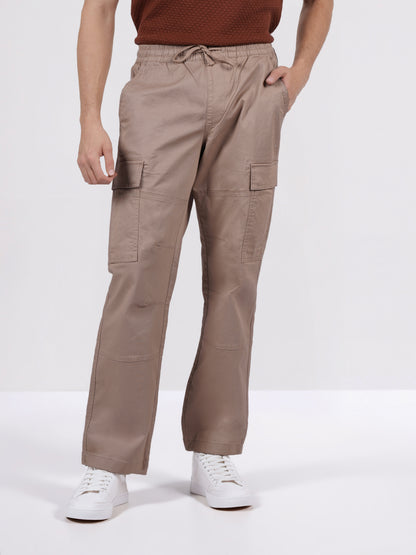 Celio Men Beige Solid Straight Fit Cotton Trousers