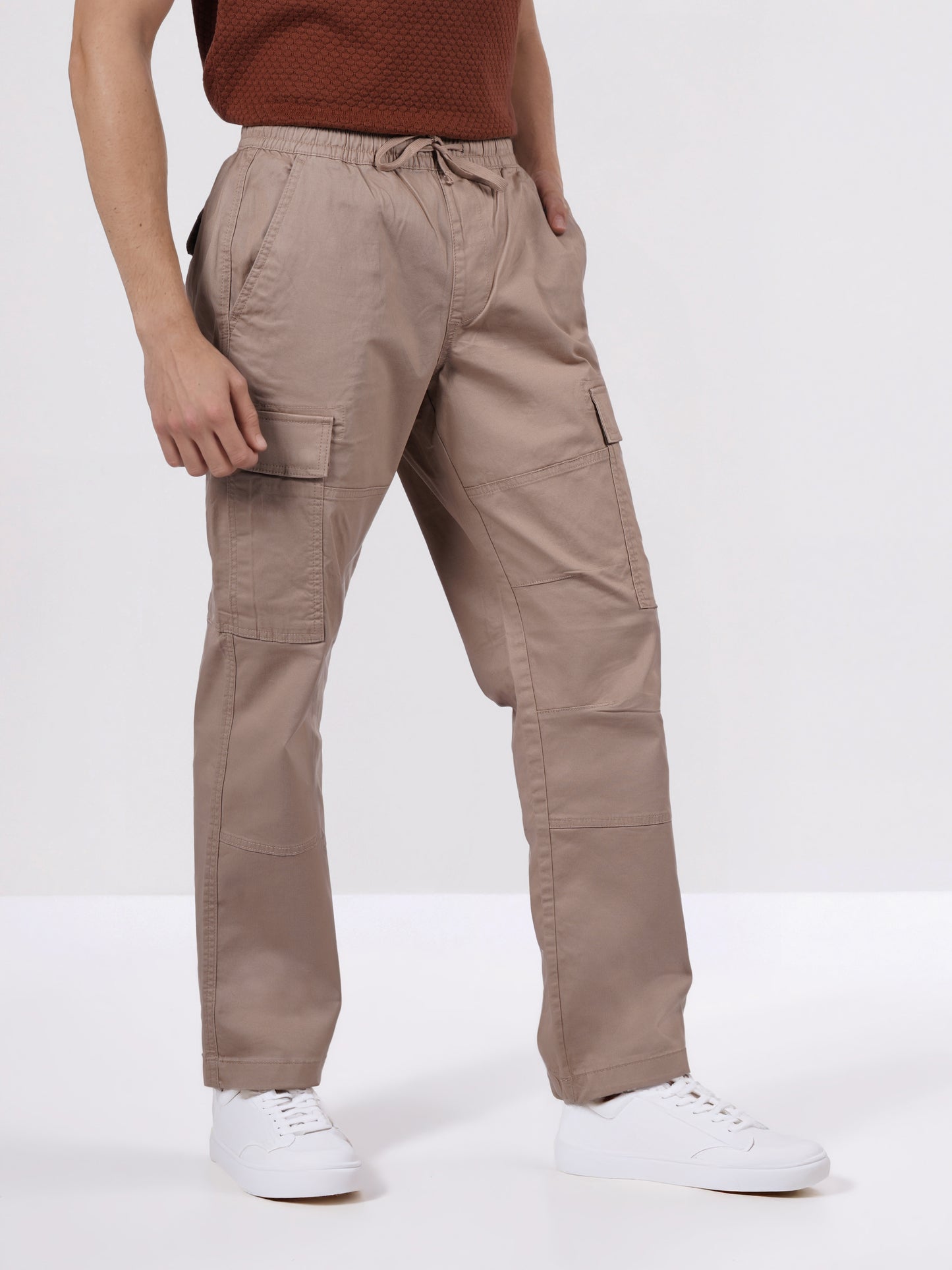 Celio Men Beige Solid Straight Fit Cotton Trousers