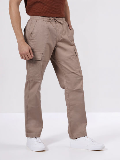 Celio Men Beige Solid Straight Fit Cotton Trousers