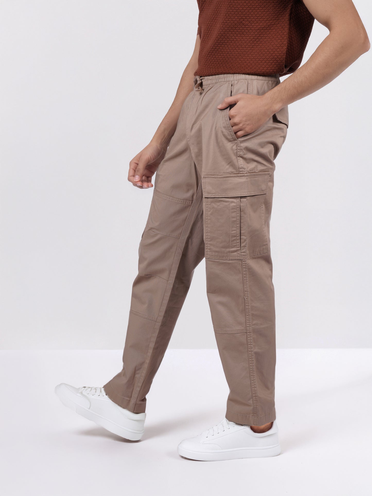 Celio Men Beige Solid Straight Fit Cotton Trousers