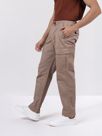 Celio Men Beige Solid Straight Fit Cotton Trousers