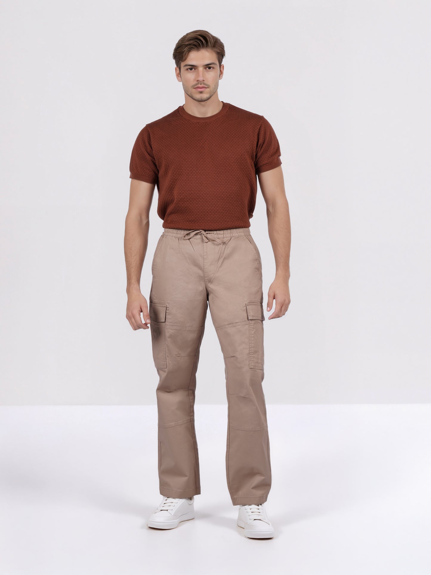 Celio Men Beige Solid Straight Fit Cotton Trousers