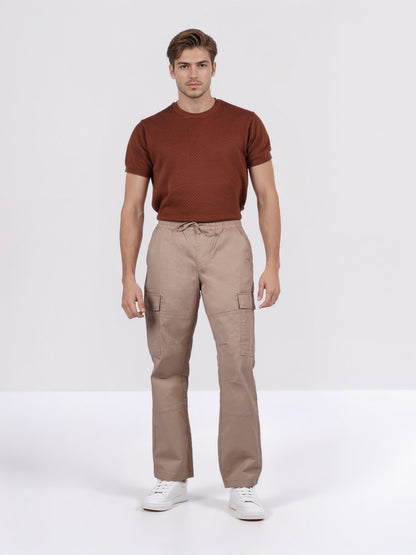 Celio Men Beige Solid Straight Fit Cotton Trousers