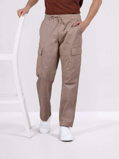 Celio Men Beige Solid Straight Fit Cotton Trousers
