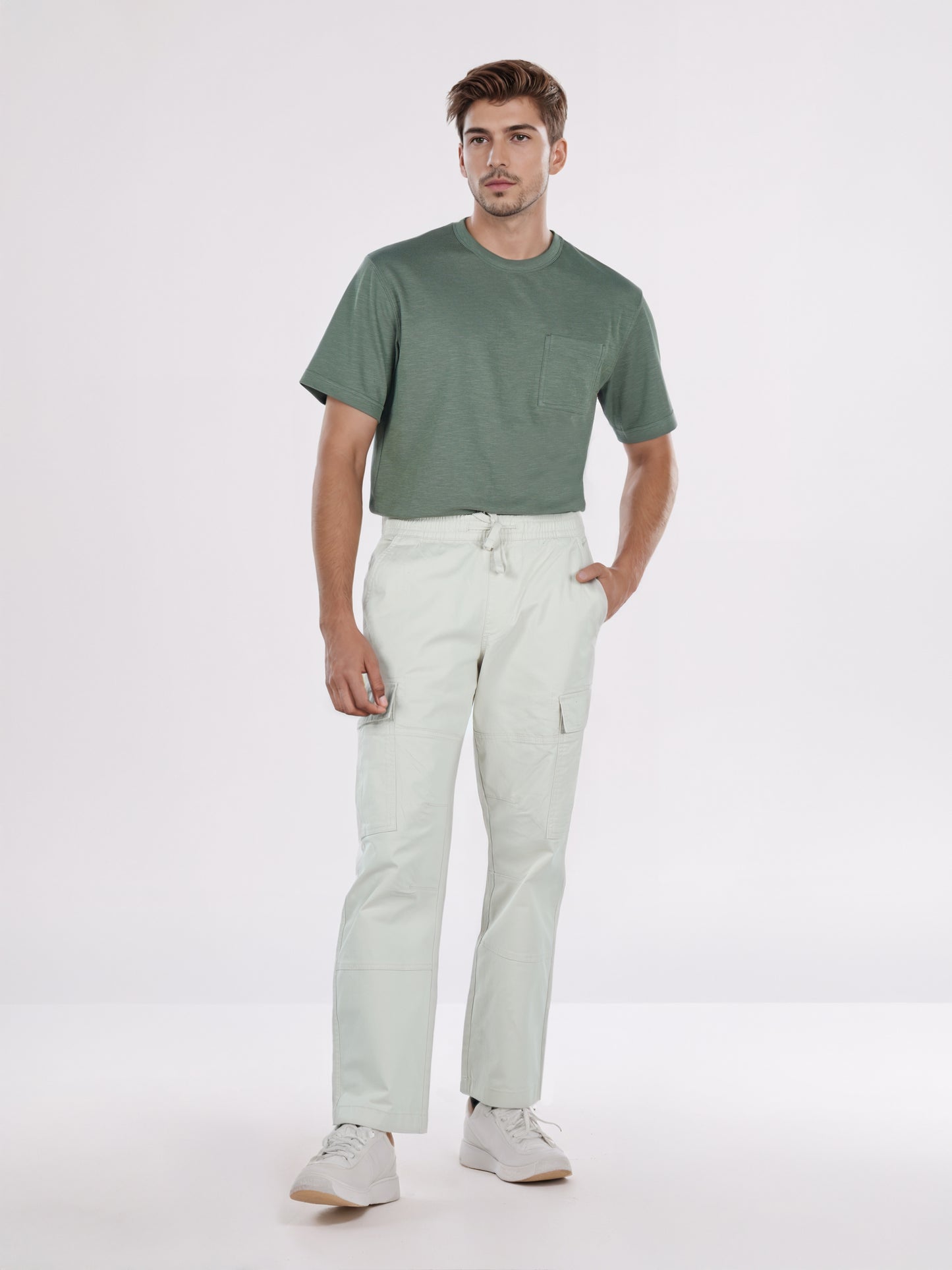 Celio Men White Solid Straight Fit Cotton Trousers