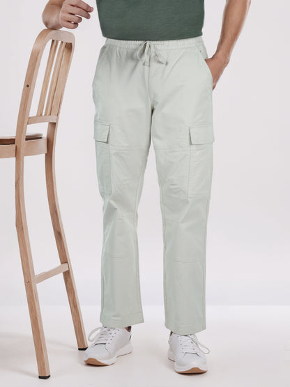 Celio Men White Solid Straight Fit Cotton Trousers