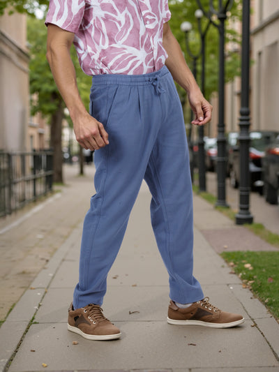 Celio* Men Blue Solid Straight Fit Cotton Trouser