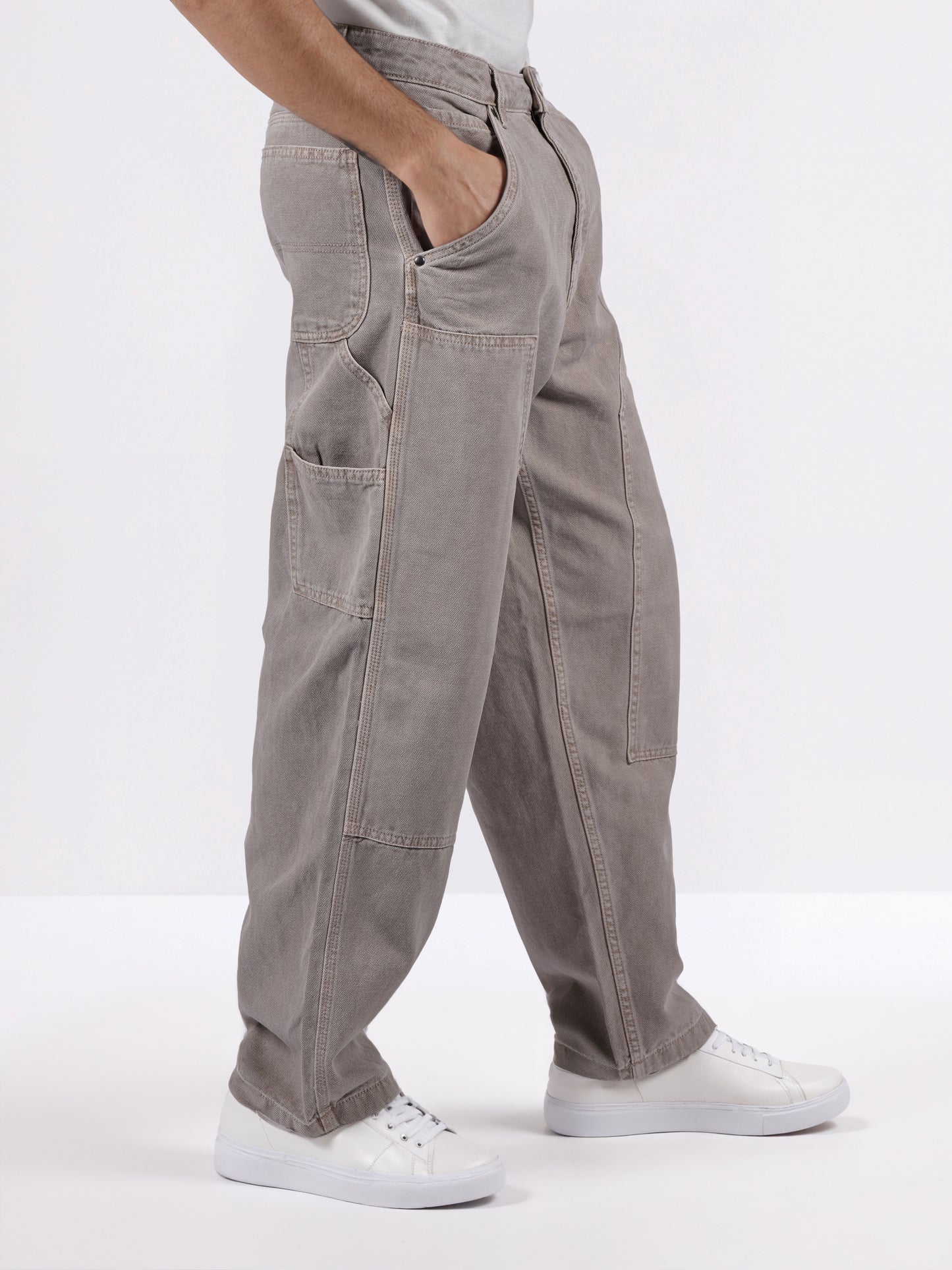 Celio* Men Beige Solid Baggy Fit Cotton Trousers