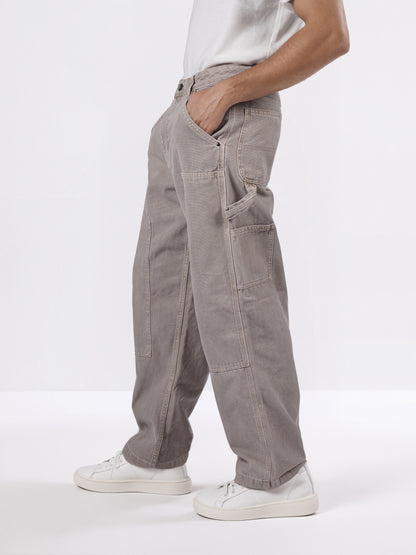 Celio* Men Beige Solid Baggy Fit Cotton Trousers