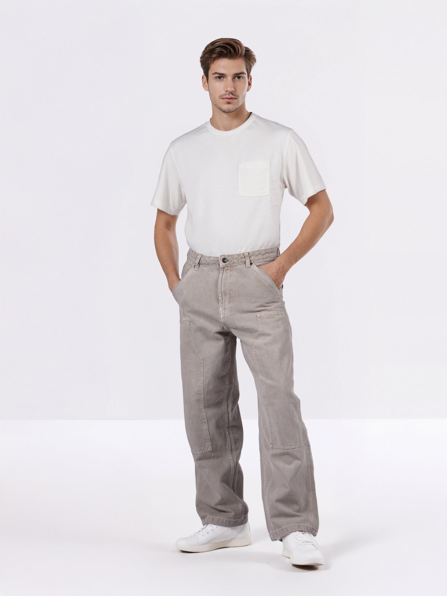 Celio* Men Beige Solid Baggy Fit Cotton Trousers